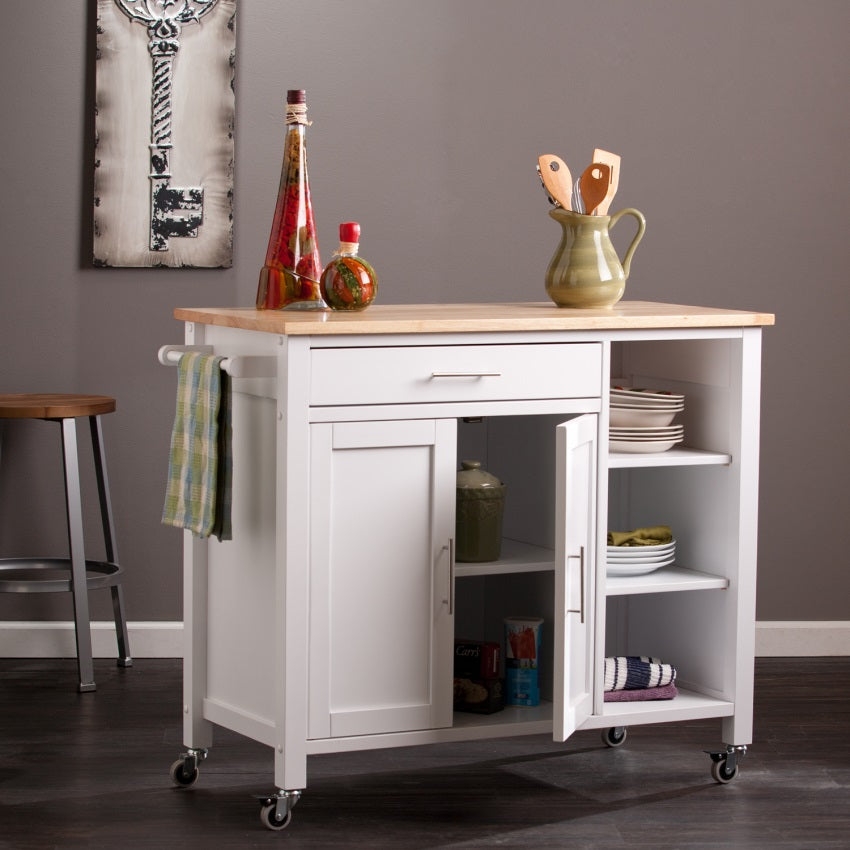 CasaFoyer Versatile White Kitchen Cart with Butcher Block Countertop | Ample Storage & Towel Rack | Multipurpose & Stylish | Perfect for Kitchen, Craft Room, or Laundry Room