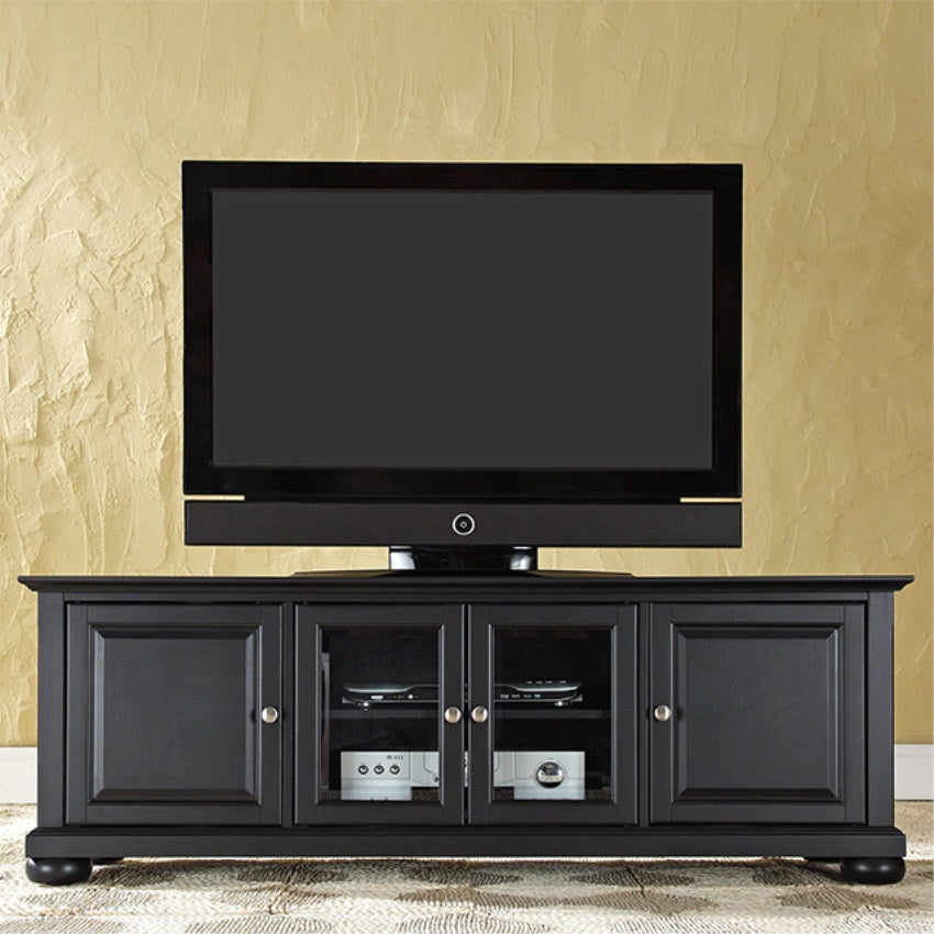 CasaFoyer Low Profile TV Stand - Accommodates 60" Flat Panel TVs - Black Finish - Storage for CDs/DVDs - Beveled Glass Doors - Adjustable Shelving - Cord Management