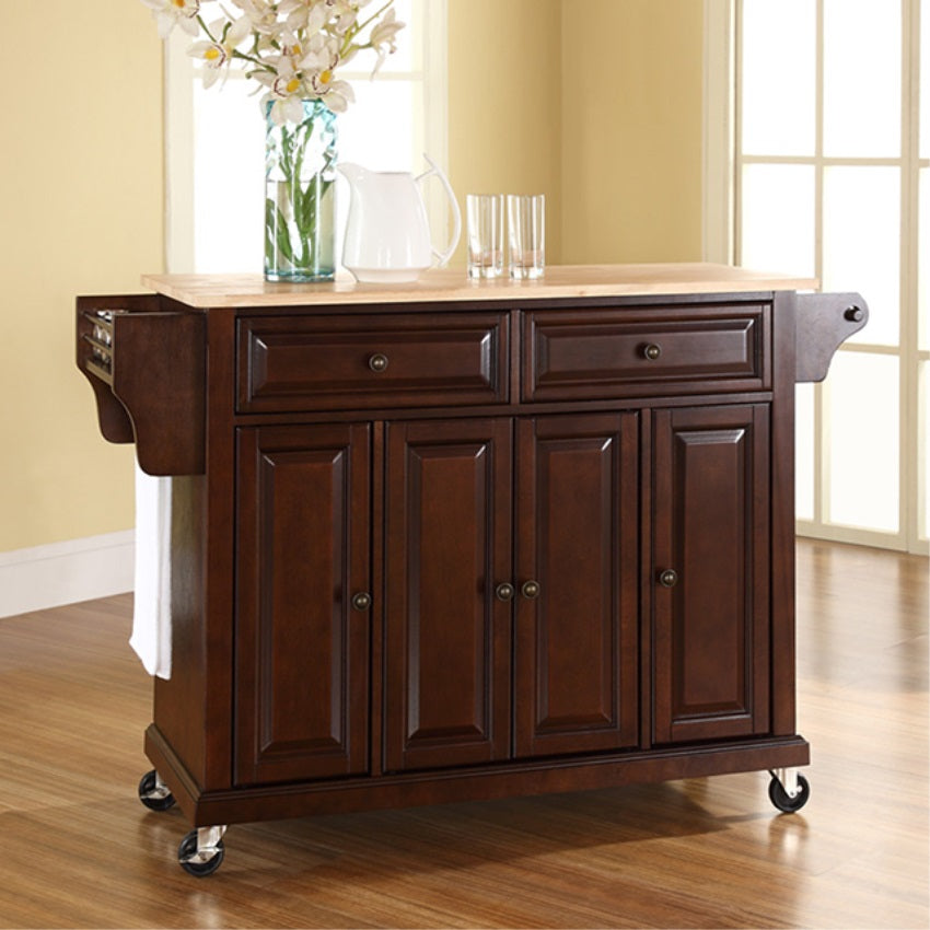 CasaFoyer Durable Solid Hardwood Mobile Kitchen Cart with Elegant Raised Panel Doors and Ample Storage Space - Vintage Mahogany Finish