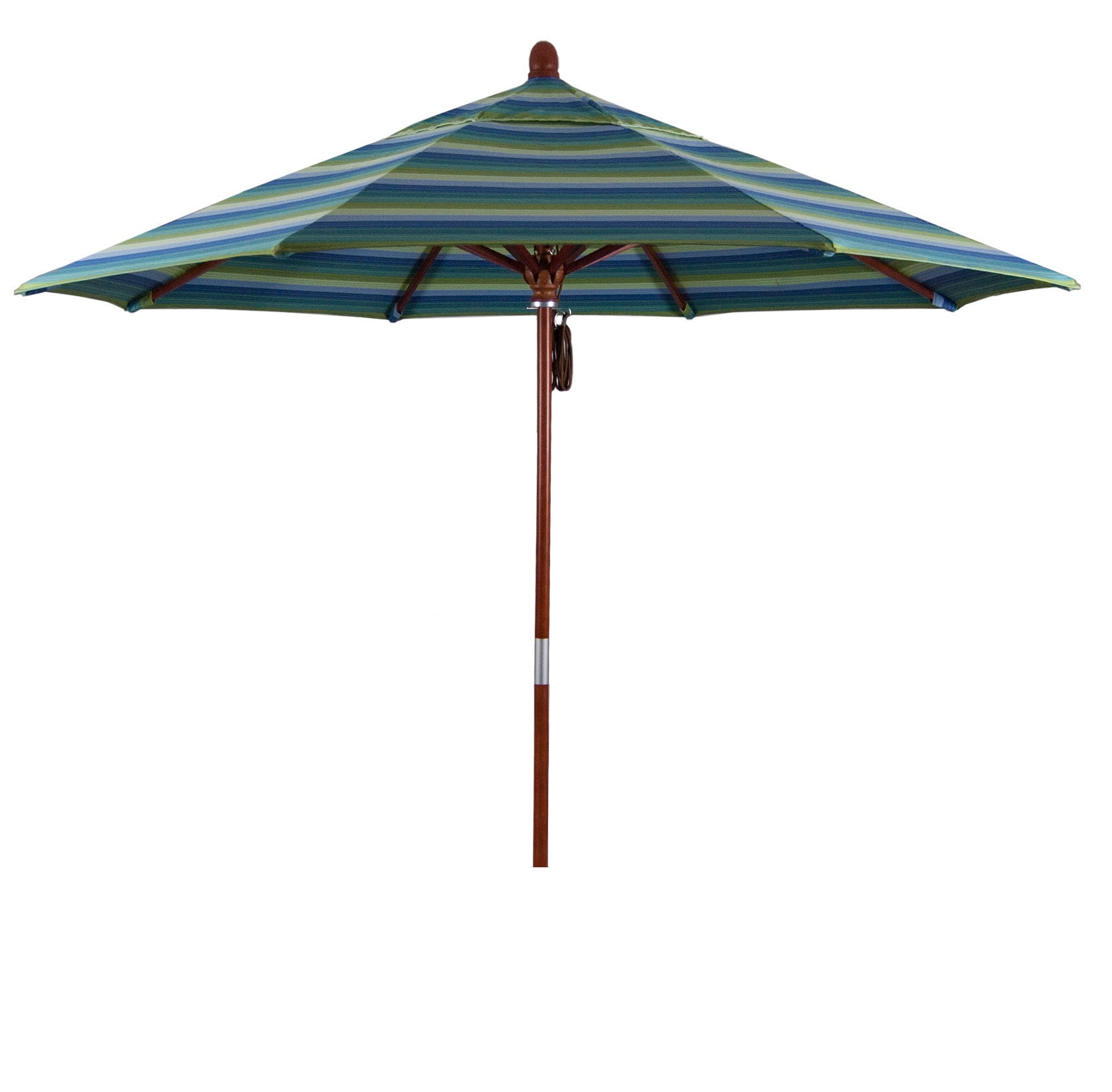 CasaFoyer 9' MARE Design Series Wood Market Umbrella - Dark Stained Finish, Deluxe Push Lift System, Commercial Grade - Seville Seaside Fabric