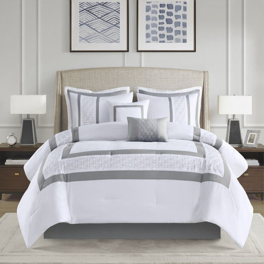CasaFoyer  8 Piece Embroidered Comforter Set - Queen Size, Hotel Style, White with Embroidered Border, Hypoallergenic, Machine Washable
