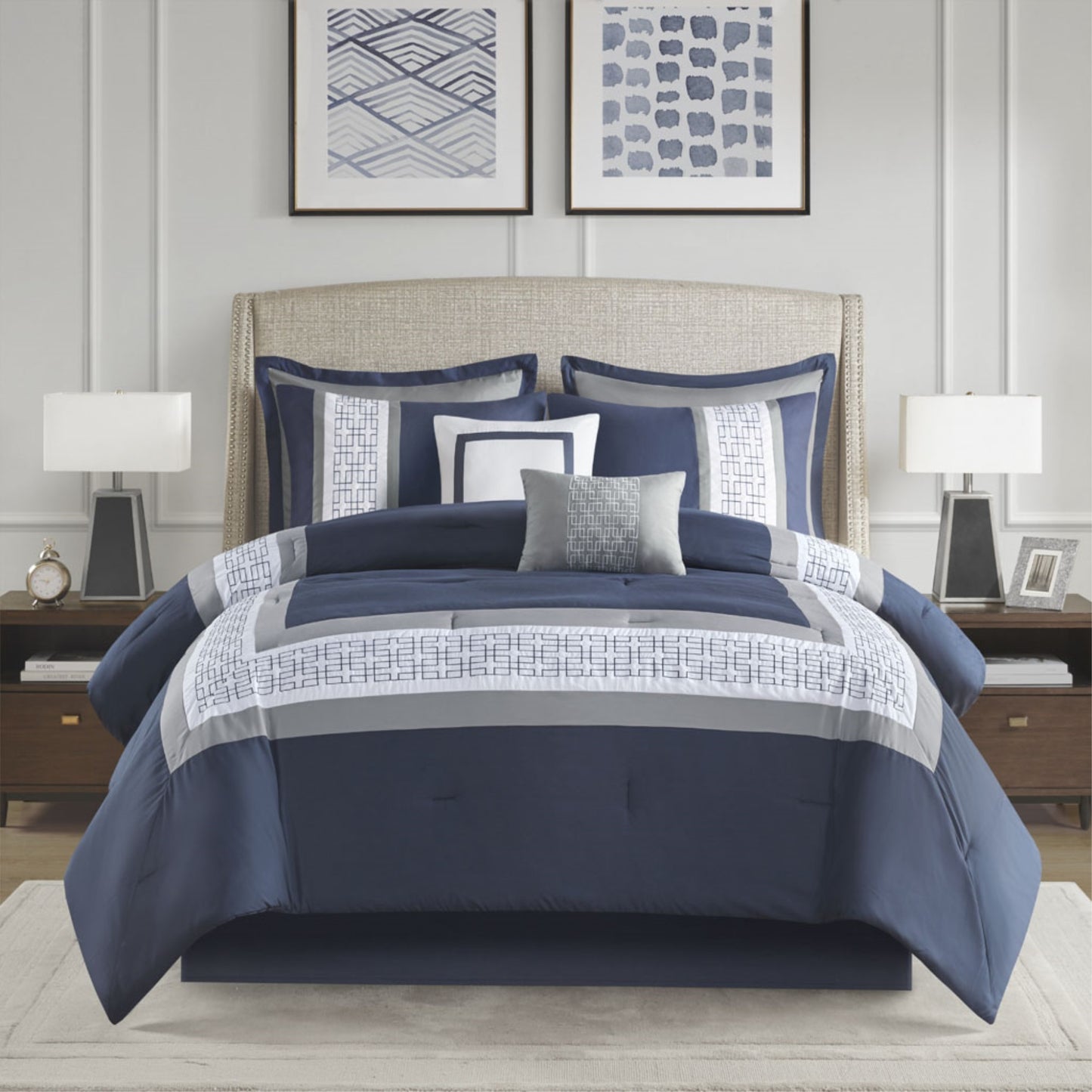 CasaFoyer  8 Piece Embroidered Comforter Set - King Size, Navy, Hotel Style, Embroidered Border, Hypoallergenic, Machine Washable