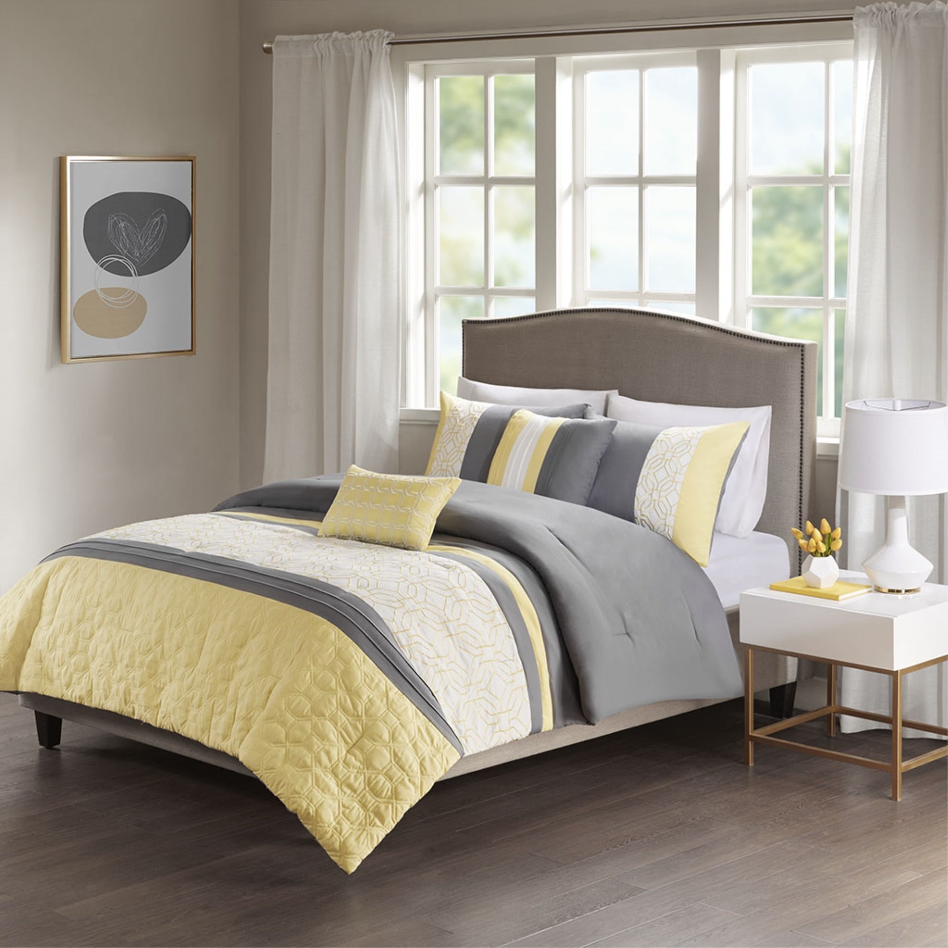 CasaFoyer Embroidered 5 Piece Comforter Set - Ultra-Soft Microfiber - Grey, Yellow, and White - Detailed Embroidery and Quilting - Machine Washable - Includes Shams and Decorative Pillows