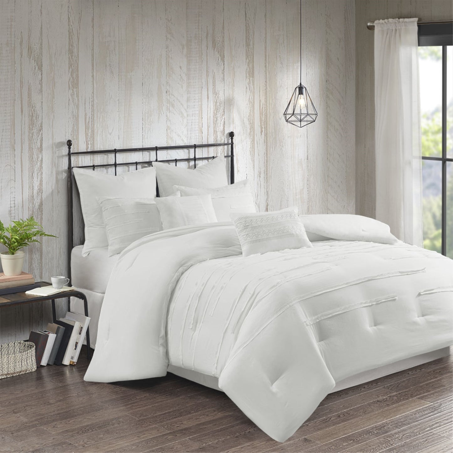 CasaFoyer Farmhouse 8 Piece Comforter Set - White Bedding with Raw Edge Ribbon Detailing, Euro Shams, Embroidered Pillows, and Bed Skirt - Hypoallergenic and Machine Washable - Ultra-Soft Microfiber