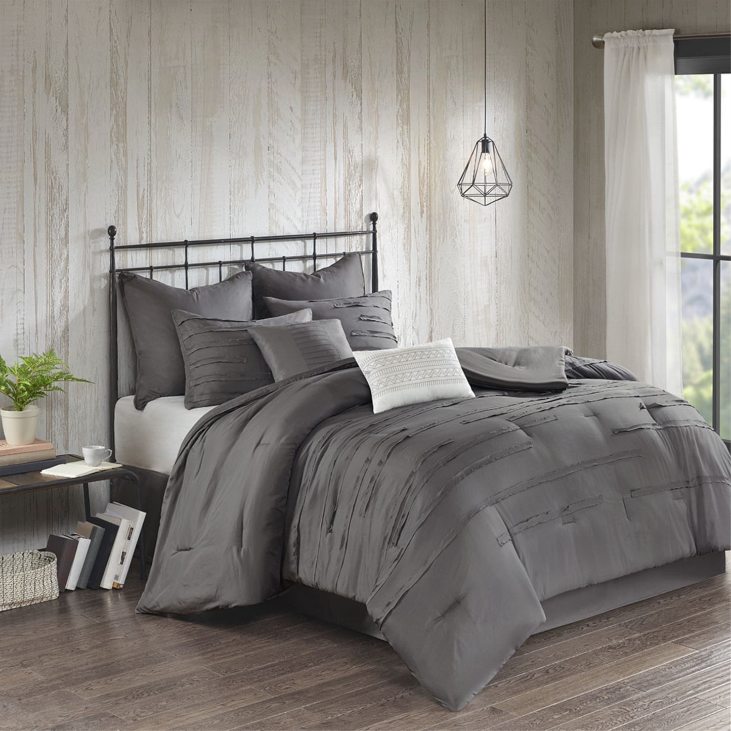 CasaFoyer Farmhouse 8 Piece Comforter Set - Dark Grey with Raw Edge Ribbon Detailing, Euro Shams, Embroidered Pillows, and Bed Skirt - Hypoallergenic and Machine Washable - Microfiber Material