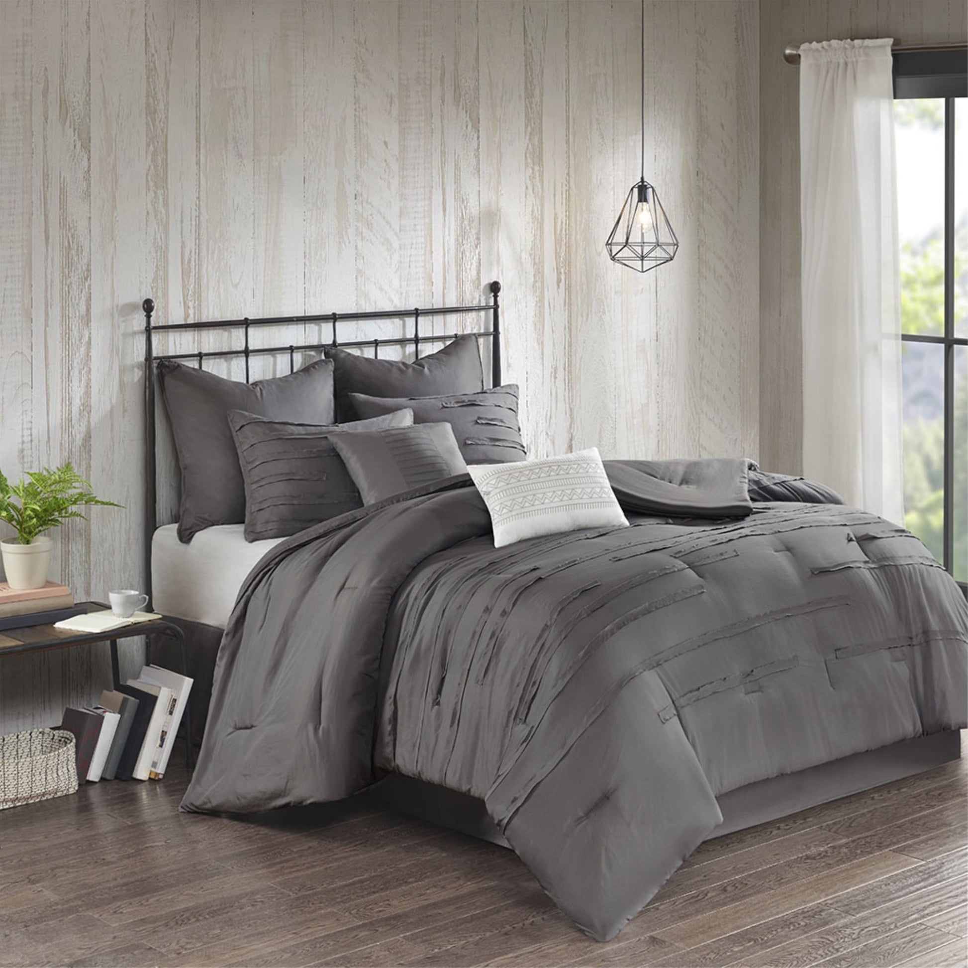 CasaFoyer Farmhouse 8 Piece Comforter Set - Dark Grey with Raw Edge Ribbon Detailing, Euro Shams, Embroidered Pillows, and Bed Skirt - Hypoallergenic and Machine Washable - Microfiber Material