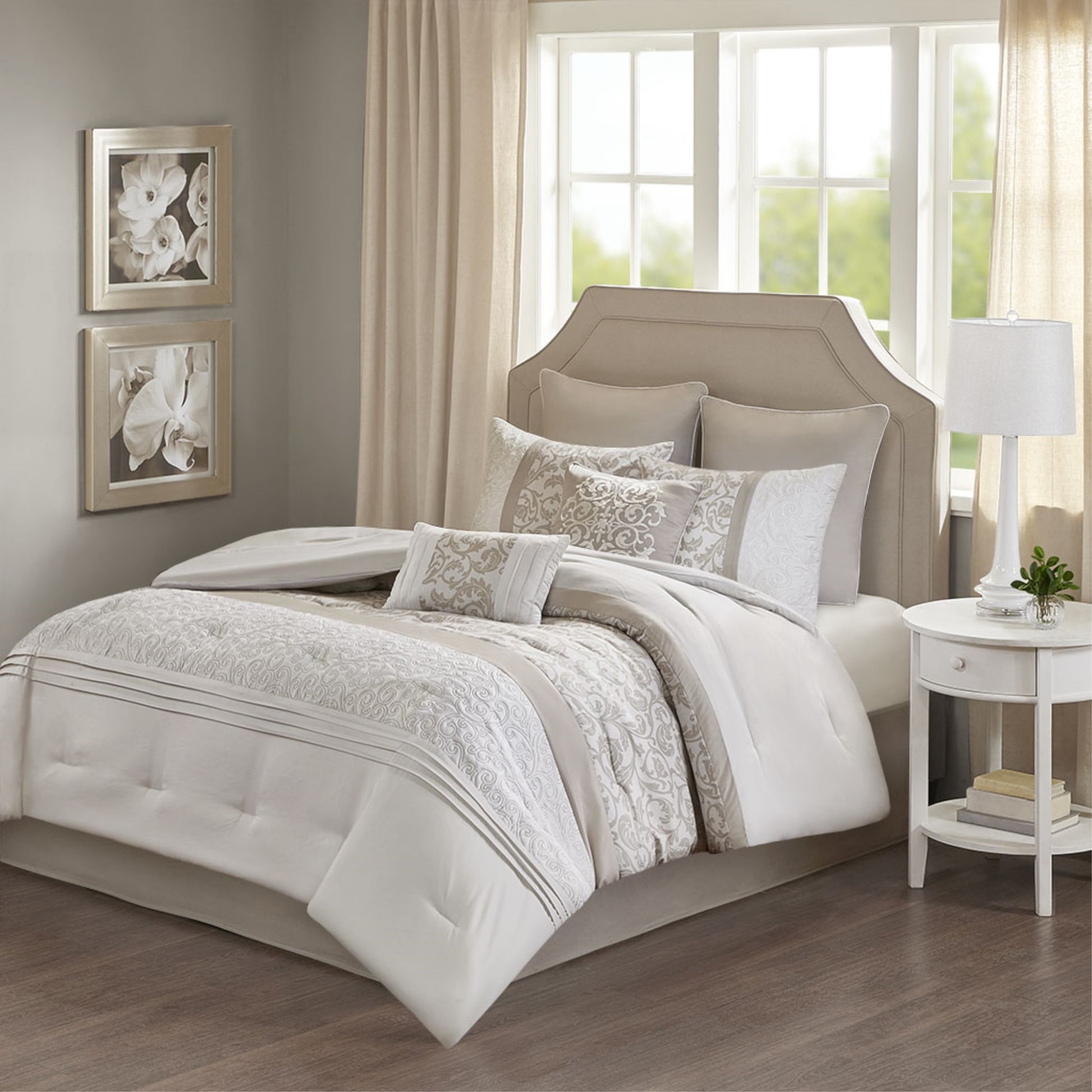 CasaFoyer Embroidered 8 Piece Comforter Set - Elegant Bedroom Decor - Pieced Embroidery Design - Quilting and Pintuck Details - Neutral Hues - Luxurious Microfiber - Machine Washable - Tranquil and Stylish Haven