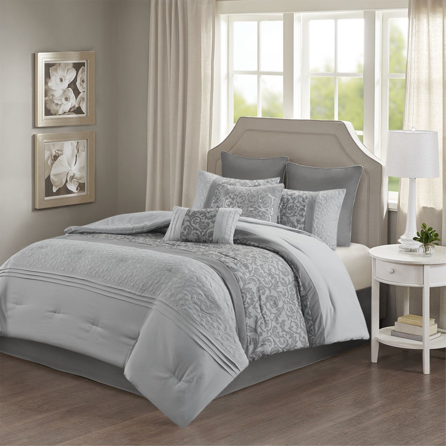 CasaFoyer Embroidered 8 Piece Comforter Set - Graceful and Elegant Bedroom Decor - Grey Embroidery Design - Soft Microfiber - Machine Washable - Includes Euro Shams and Decorative Pillows - Wrinkle Removal with Steam Iron - Tranquil and Beautiful Haven