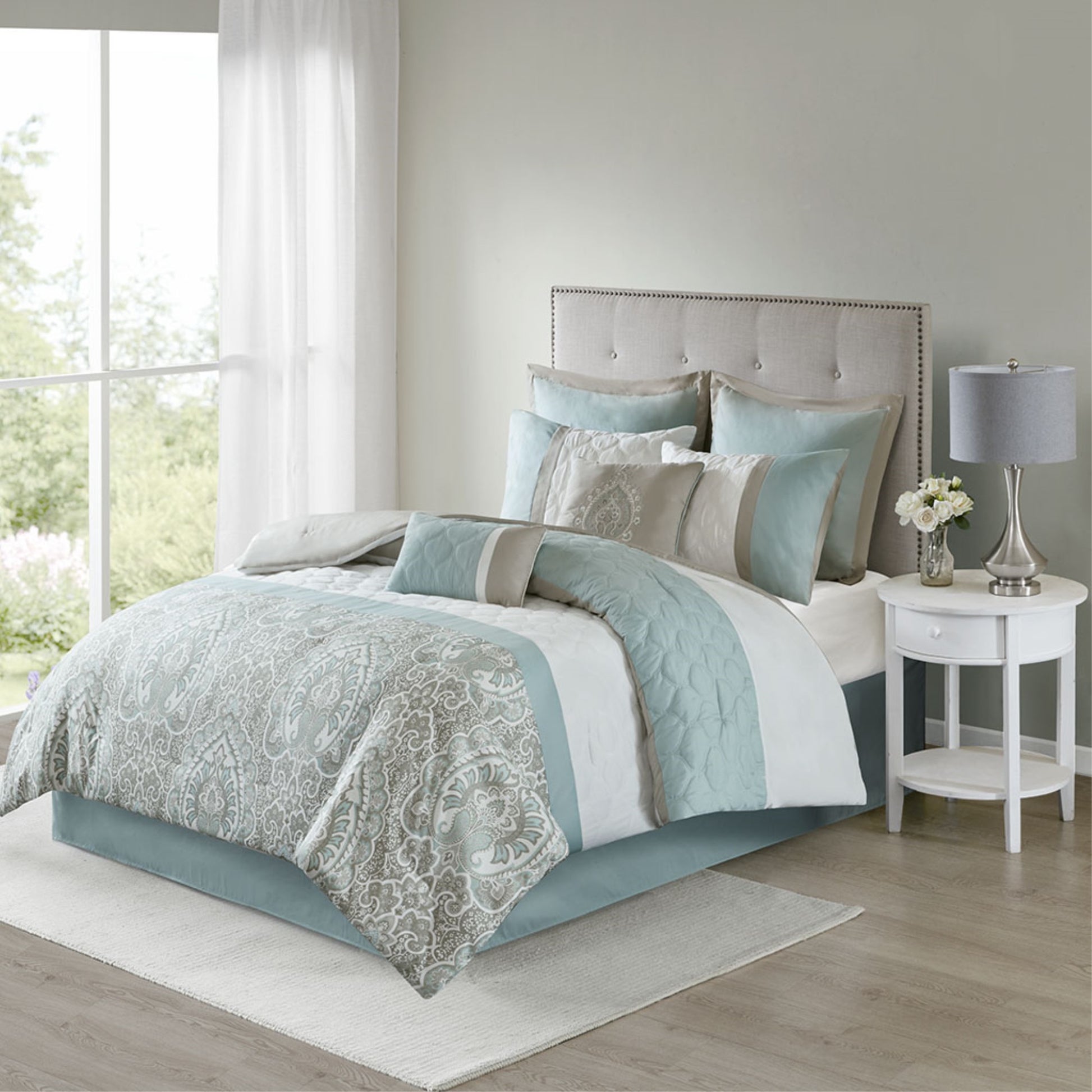 CasaFoyer 8 Piece Comforter Set - Diamond Quilted Design, Seafoam and Brown Damask Print, Ultra-Soft Microfiber, Matching Shams and Euro Shams, Embroidered Decorative Pillows, Hypoallergenic Filling, Machine Washable