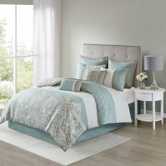 CasaFoyer CasaFoyer's Sophisticated 8 Piece Comforter Set - Diamond Quilted Design, Ultra-Soft Microfiber, Damask Print, Seafoam and Brown Tones - Includes Shams, Euro Shams, Decorative Pillows, and Bed Skirt