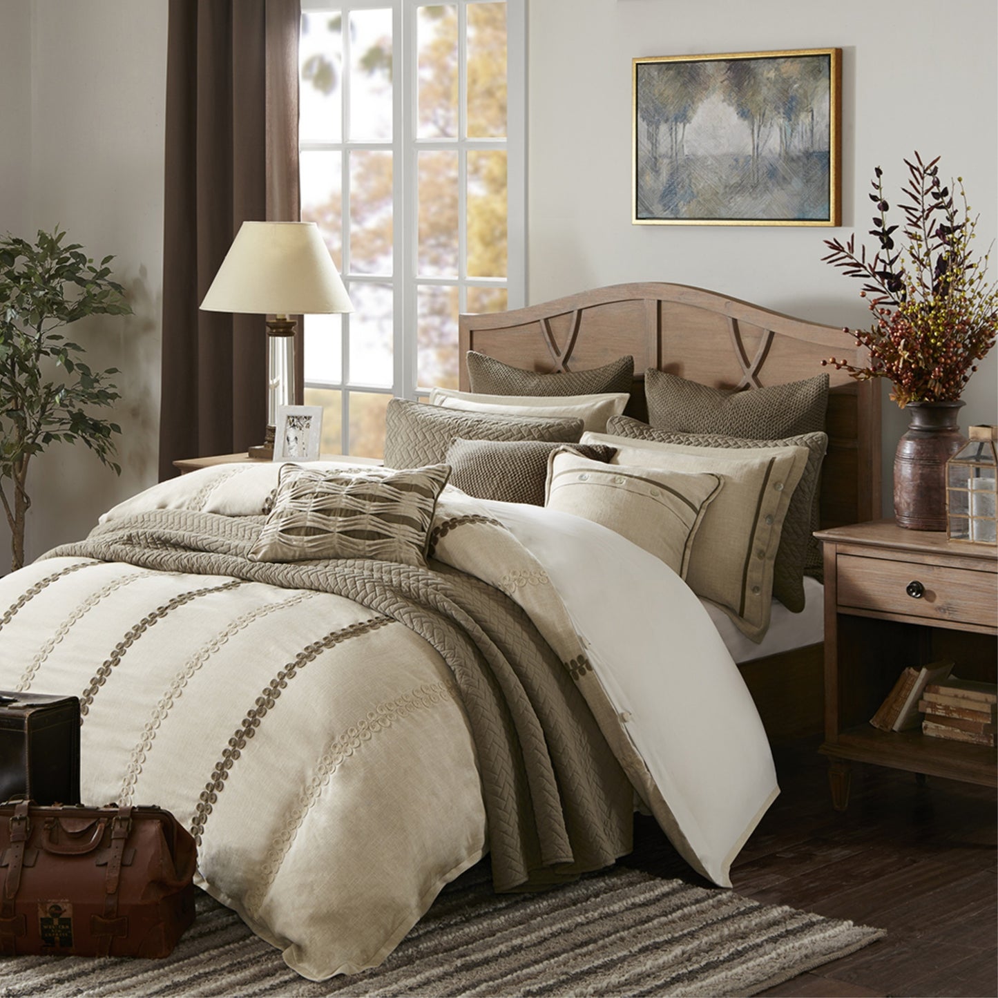 CasaFoyer 9 Piece Comforter Set - Serene Sanctuary Linen-Like Polyester Bedding with Soutache Cord Embroidery in Beige and Brown. Includes Plush Comforter, Shams, Euro Shams, and Decorative Pillows. Machine Washable.