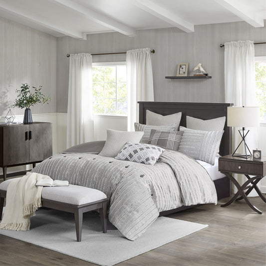 CasaFoyer Farmhouse-Inspired Cotton Clip Jacquard Comforter Set | Striped Pattern with Decorative Buttons | Includes Shams, Euro Shams, and Throw Pillows | Oversized & Overfilled | Two Color Options | Machine Washable