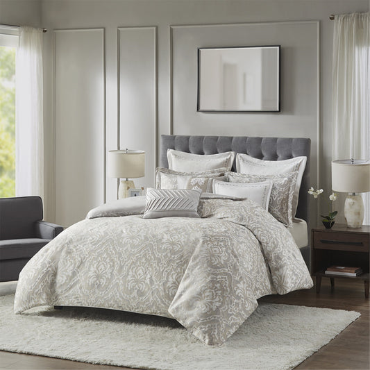 CasaFoyer Queen 8 Piece Comforter Set - Opulent Metallic Damask Jacquard Weave - Button Closure & Inner Ties - Includes Shams, Euro Shams, and Decorative Pillows - Luxurious Style & Unparalleled Comfort - Dry Clean & Machine Washable