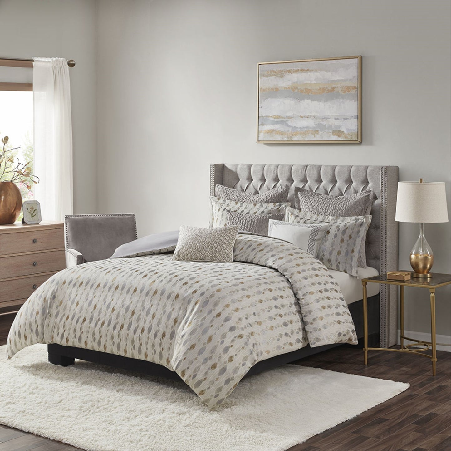 CasaFoyer King 9 Piece Comforter Set - Luxurious Jacquard Design with Symmetric Diamond Shapes - Ivory, Taupe, Gold, and Silver - Heavyweight and Cozy - Includes Shams and Decorative Pillows - Hypoallergenic Polyester Filling - Easy Care.
