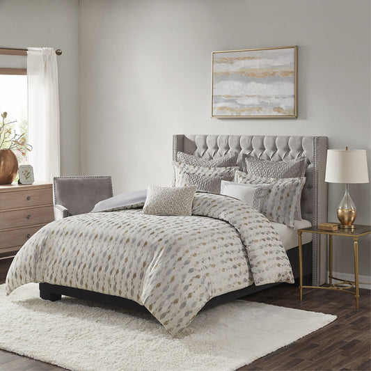 CasaFoyer King 9 Piece Comforter Set - Luxurious Jacquard Design with Symmetric Diamond Shapes - Ivory, Taupe, Gold, and Silver - Heavyweight and Cozy - Includes Shams and Decorative Pillows - Hypoallergenic Polyester Filling - Easy Care.