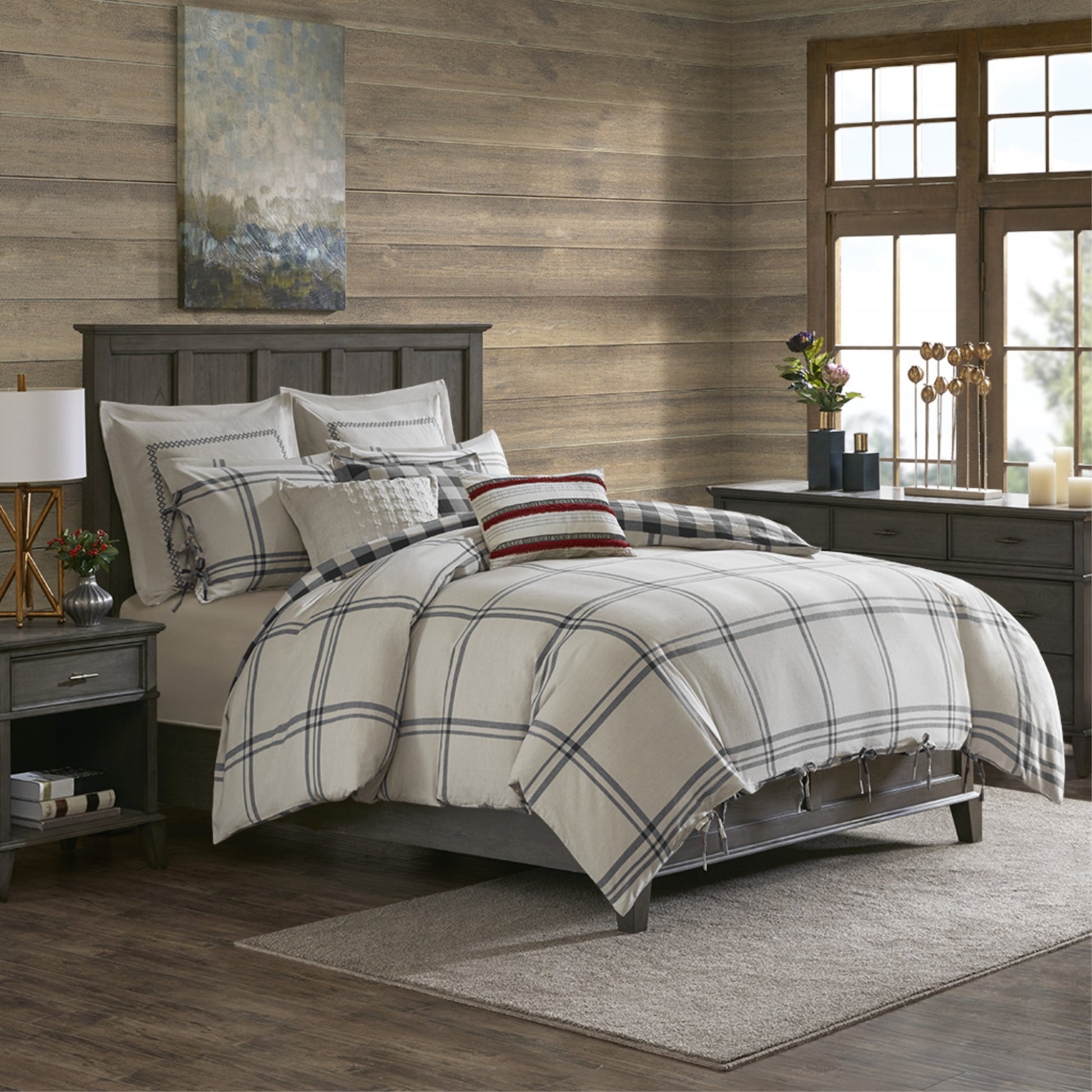 CasaFoyer Reversible 9 Piece Cotton Comforter Set - Grey Plaid & Buffalo Checkered Pattern - Farmhouse Style - Includes Shams, Euro Shams, and Decorative Pillows - Machine Washable - Luxurious and Inviting