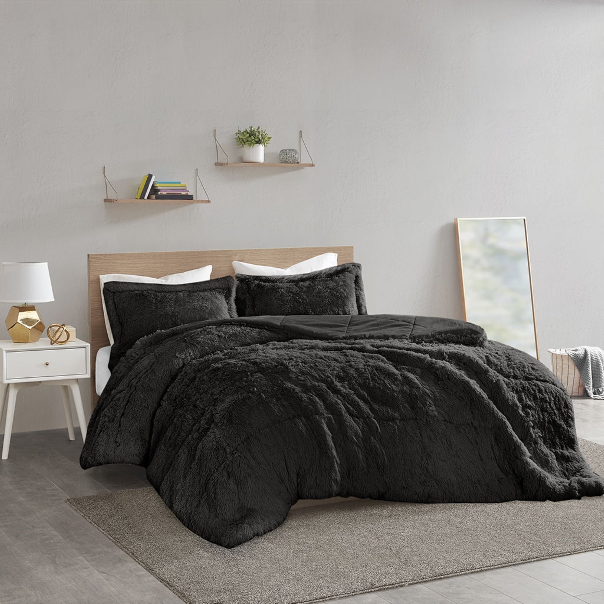 CasaFoyer Shaggy Long Fur Comforter Mini Set - Soft Contemporary Style, Faux Fur Design, Fluffy Texture, Solid Plush Reverse, Wrinkle-Free, Rolled Packaging.