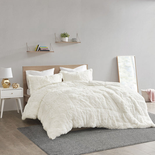 CasaFoyer Shaggy Long Fur Comforter Mini Set - Luxurious and Contemporary Bedding with Stylish Shaggy Faux Fur, Soft and Fluffy Texture, Solid Plush Reverse - Cozy and Stylish Sanctuary for Your Bedroom