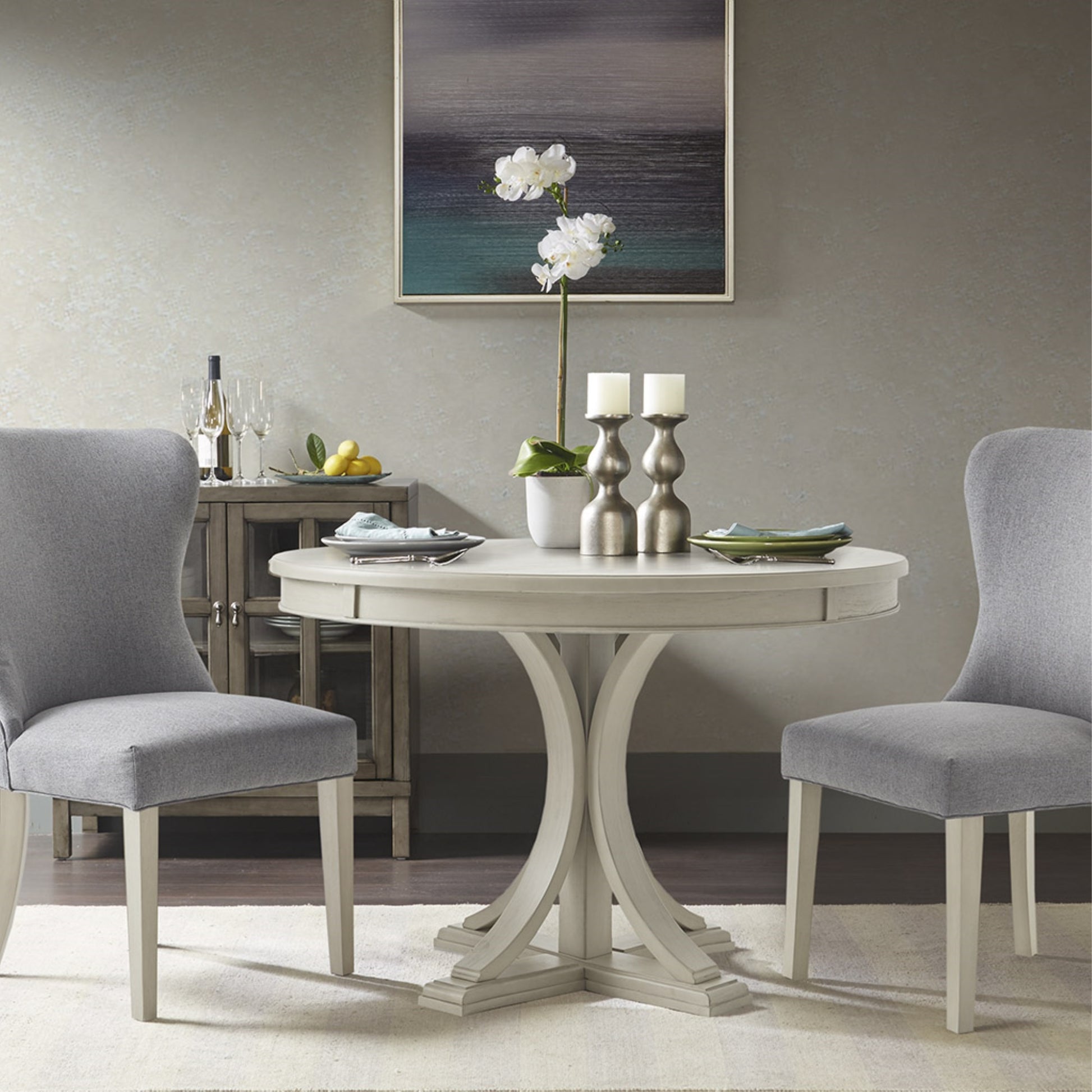 CasaFoyer Dining Chair - Elegant and Refined Upholstered Seat with Plush Light Grey Fabric, High-Density Foam Filling, Antique Wood Tone Legs - Assembly Required - Timeless Charm and Grace