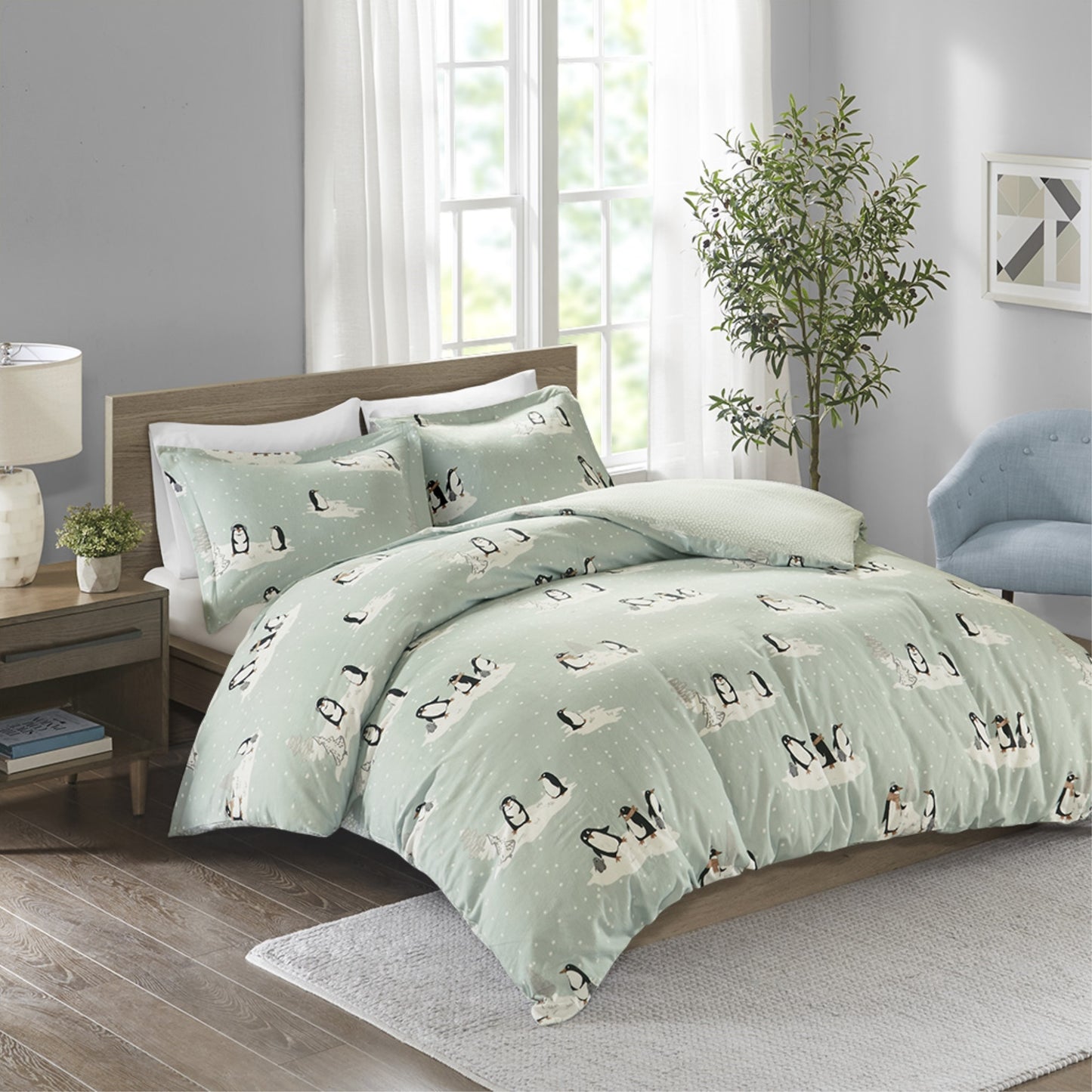 CasaFoyer Penguin Motif Aqua Duvet Cover Set - 100% Cotton Flannel, Cozy & Delightful, Machine Washable, Button Closures, OEKO-TEX Certified (Comforter Insert Not Included)