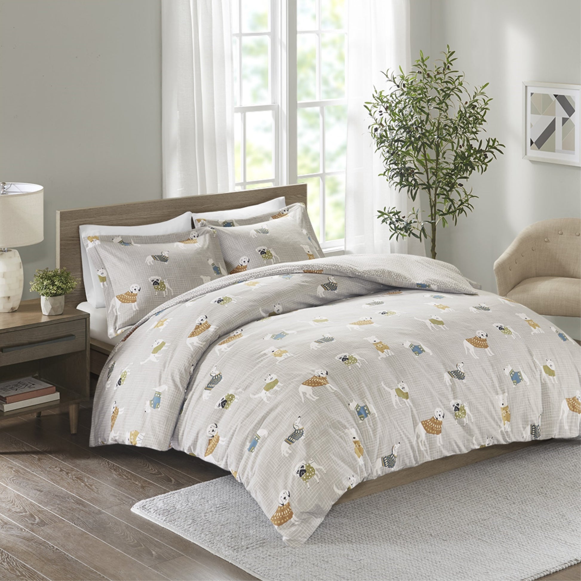 CasaFoyer Cozy Dog Print Duvet Cover Set - 100% Cotton Flannel, Machine Washable, Button Closures, OEKO-TEX Certified - Grey, Full/Queen Size