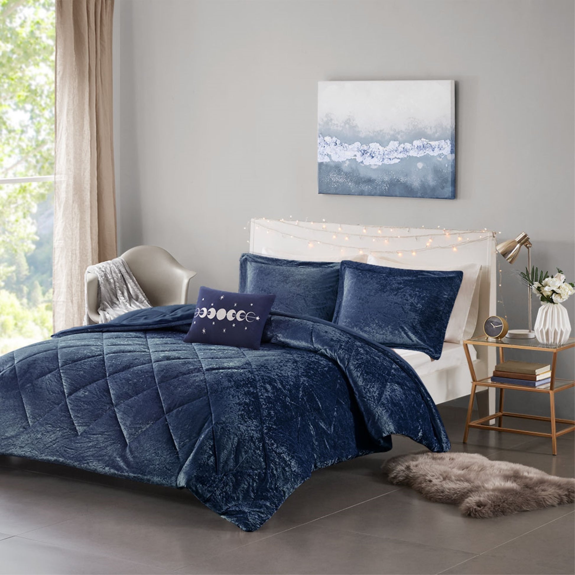 CasaFoyer Velvet Comforter Set - Navy, Diamond Quilted Pattern, Hypoallergenic Fill, Machine Washable - Serene Oasis for Your Bedroom Decor