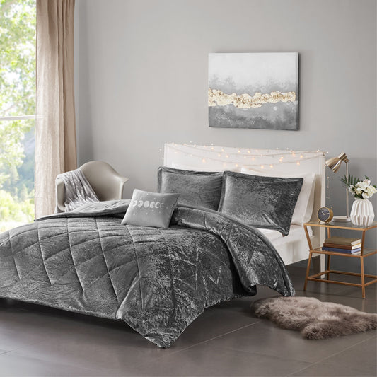 CasaFoyer Velvet Comforter Set - Grey Crushed Velvet Bedding with Diamond Quilting - Includes Shams and Decorative Pillow - Hypoallergenic Fill - Machine Washable - Luxurious and Elegant Bedroom Decor