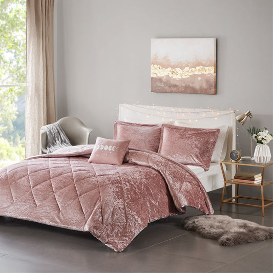 CasaFoyer Velvet Comforter Set - Luxurious and Serene Bedding with Diamond Quilting Pattern - Includes Sham(s) and Decorative Pillow - Machine Washable and Hypoallergenic - Blush Color - Modern Style.
