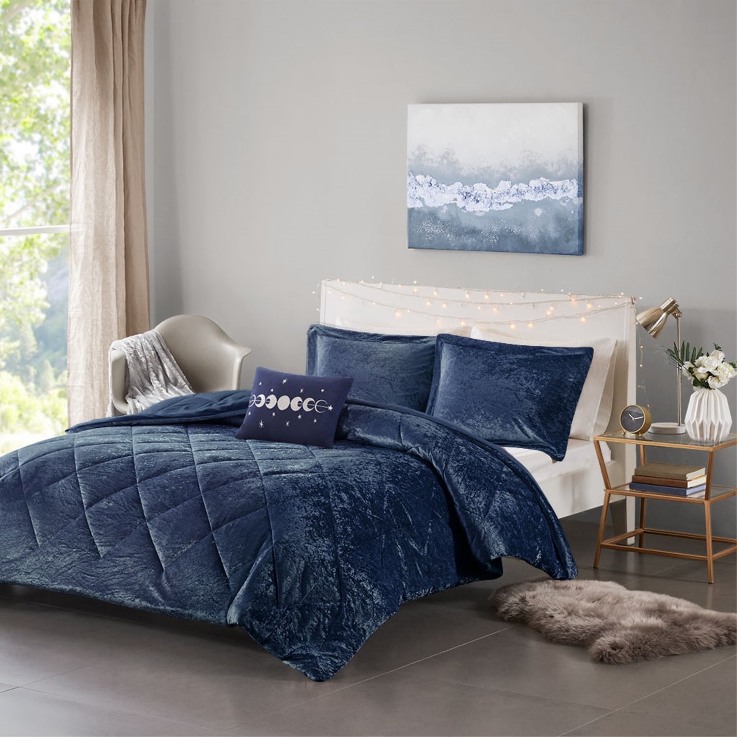 CasaFoyer Velvet Comforter Set - Navy, Diamond Quilted, Hypoallergenic, Machine Washable - Transform Your Bedroom into a Serene Oasis - Includes Shams and Decorative Pillow