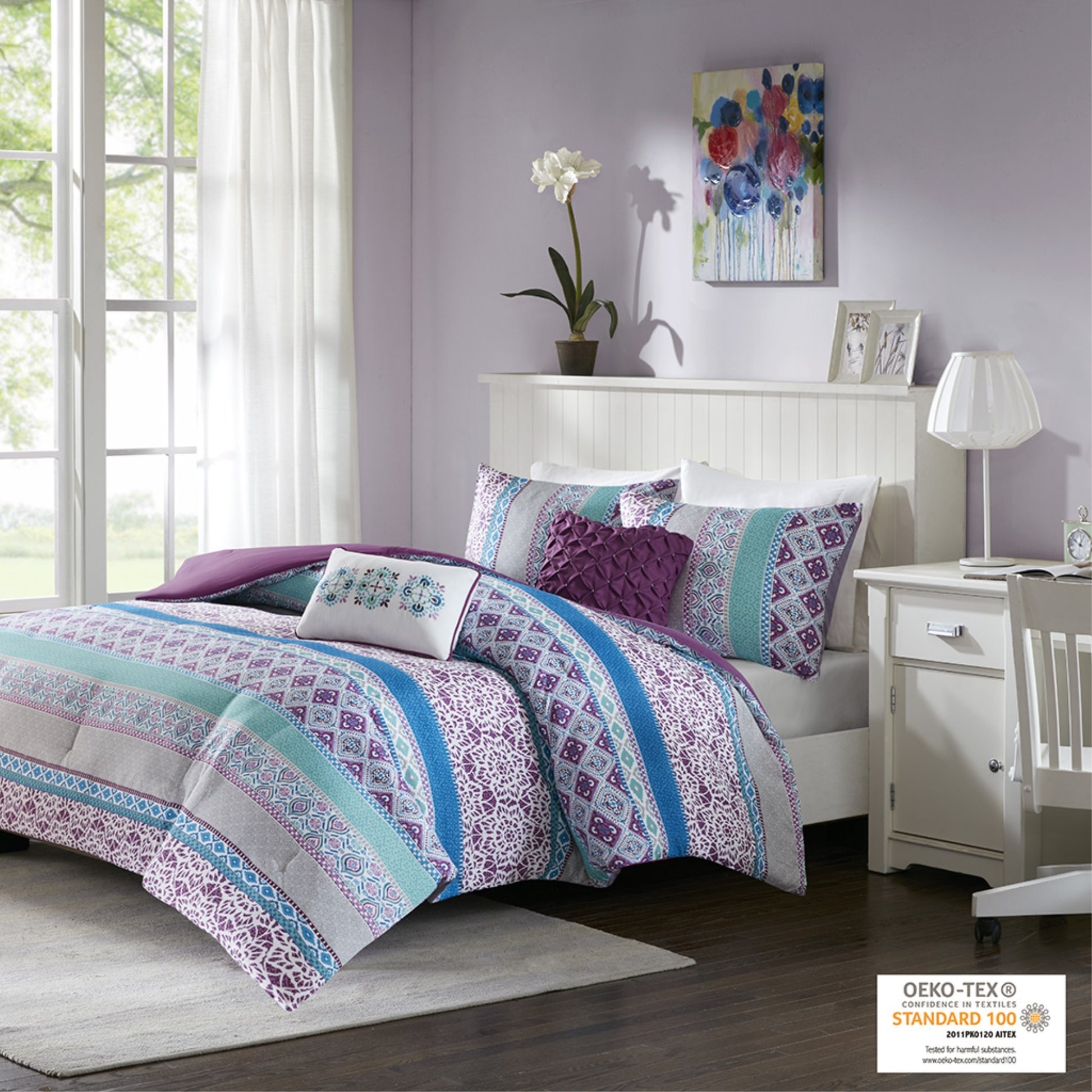CasaFoyer Boho Vibes Comforter Set - Vibrant Prints, Solid Purple Reverse, 2 Shams, 2 Decorative Pillows - OEKO-TEX Certified, Antimicrobial Treatment - Stylish Bedroom Upgrade