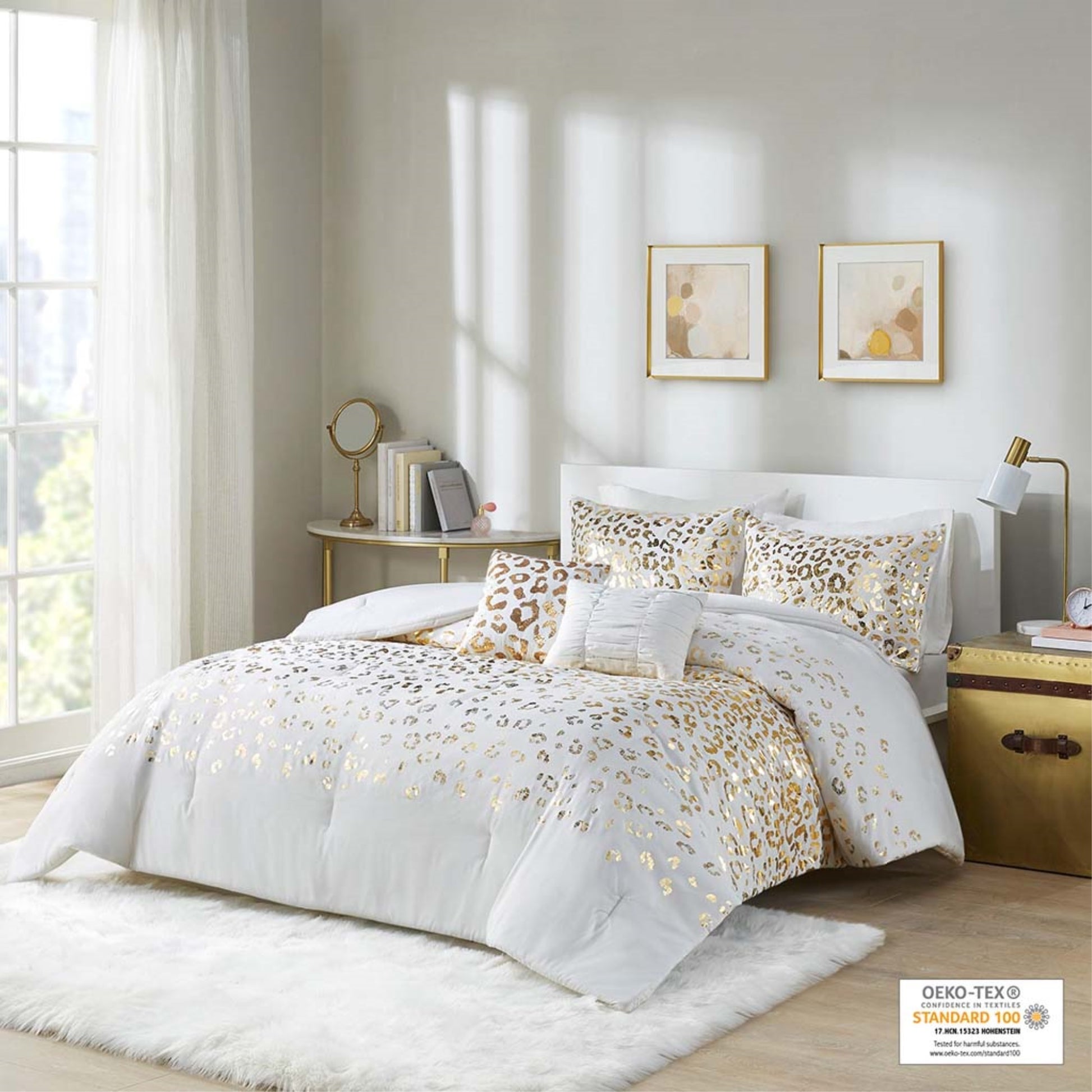 CasaFoyer Metallic Animal Printed Comforter Set - Gold Leopard Print on Ivory Base - Ultra-Soft Microfiber - OEKO-TEX Certified - Antimicrobial - Includes Shams and Decorative Pillows