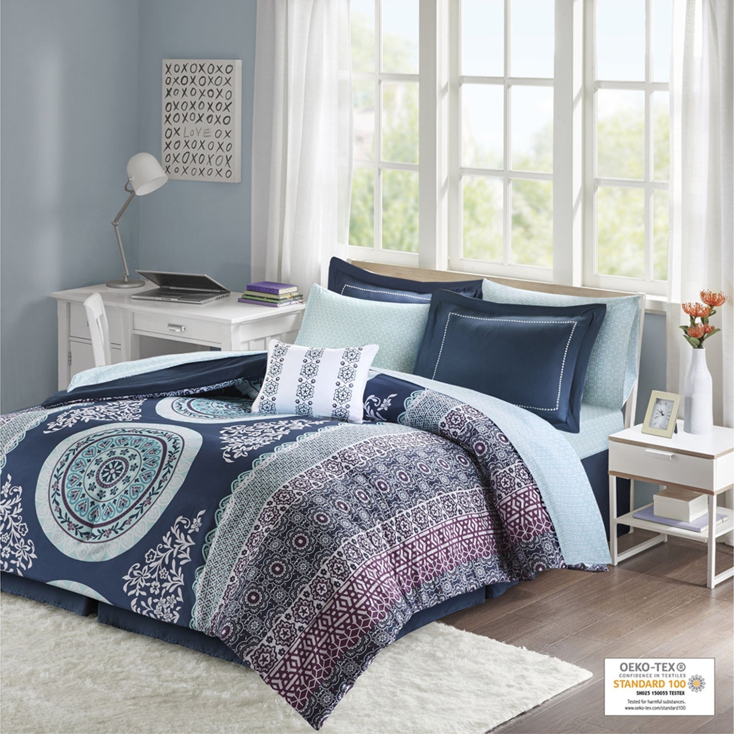 CasaFoyer Boho Comforter Set with Bed Sheets - Vibrant Medallion Print in Navy and Purple - Includes Shams, Decorative Pillow, and Bed Skirt - OEKO-TEX Certified for Quality and Comfort