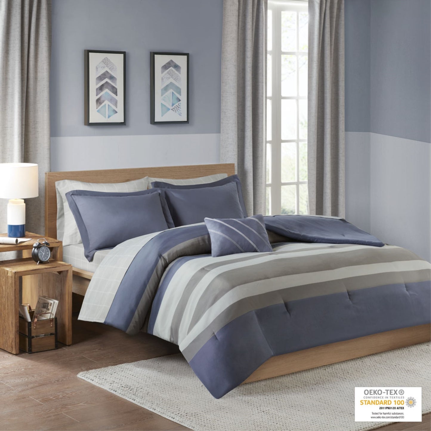 CasaFoyer Striped Comforter Set with Bed Sheets - Stylish Grey and Blue Design, Solid Blue Reverse, Matching Shams and Decorative Pillow - Antimicrobial and OEKO-TEX Certified - Wrinkle-Free Packaging