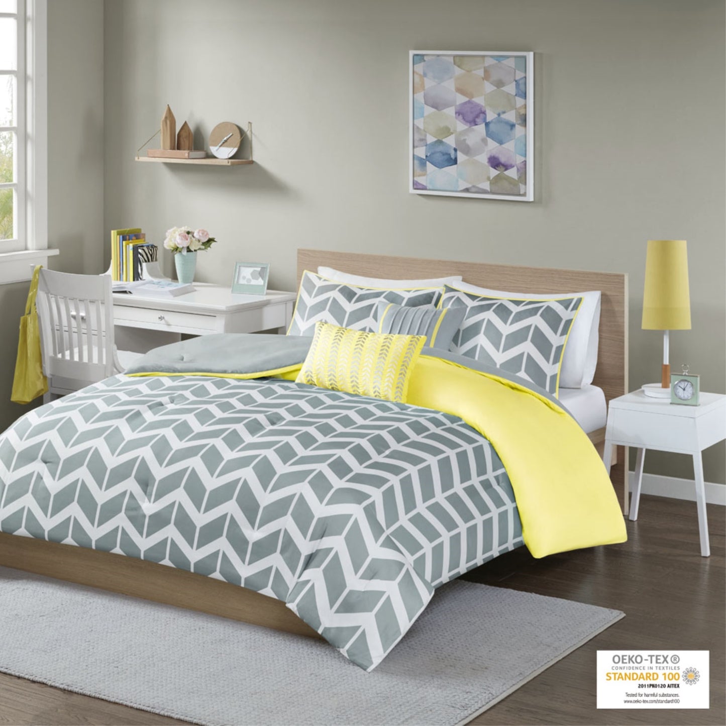 CasaFoyer Comforter Set - Stylish Grey and White Print with Yellow Accents - Includes Matching Shams and Decorative Pillows - Ultra-Soft Microfiber - Machine Washable - Antimicrobial Treatment for Freshness Protection