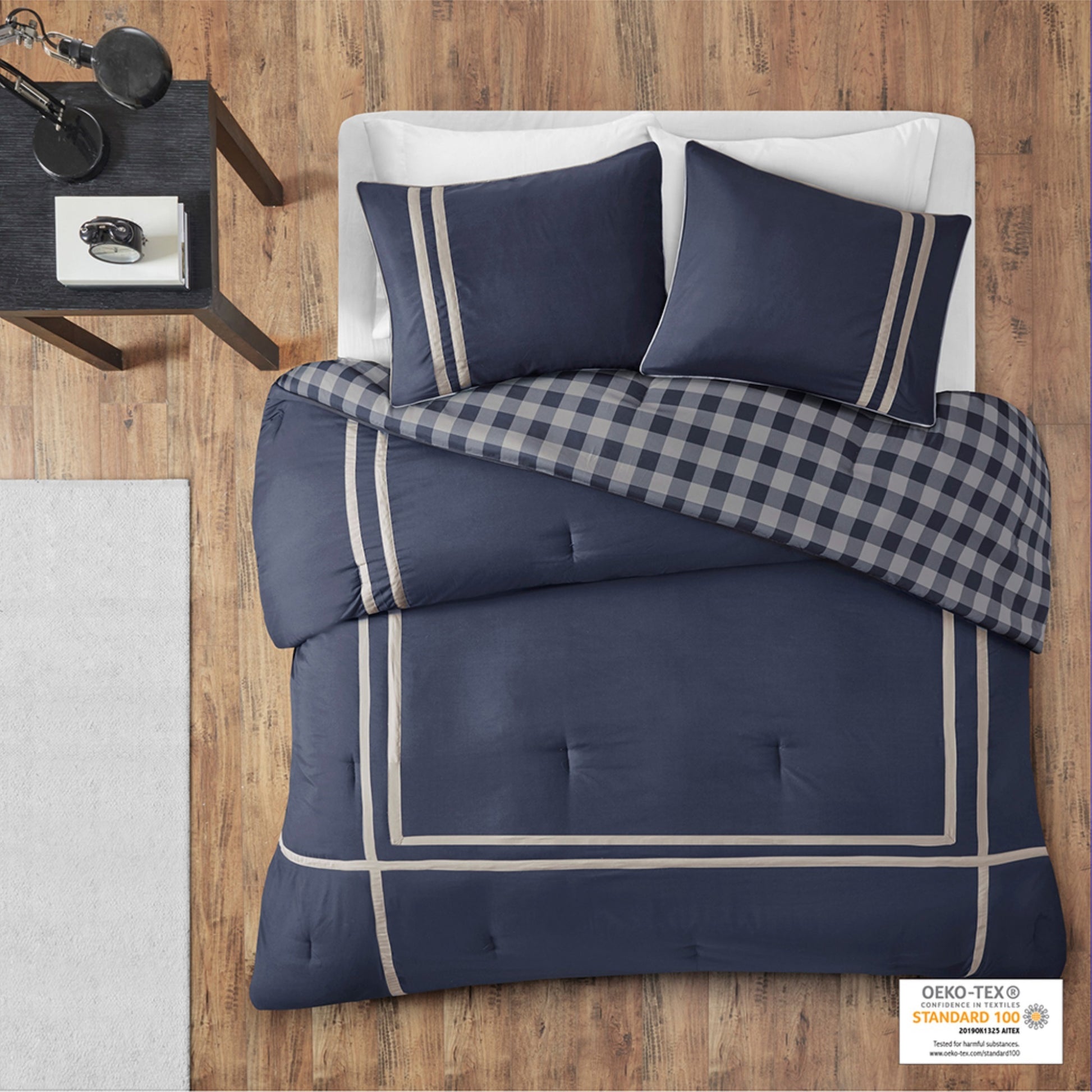 CasaFoyer Reversible Comforter Set - Navy with Grey Taping Details | Buffalo Check Pattern | Ultra-Soft Microfiber | OEKO-TEX Certified | Antimicrobial Treatment | Chic and Casual Aesthetic