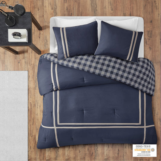 CasaFoyer Reversible Comforter Set - Navy with Grey Taping Details | Buffalo Check Pattern | Ultra-Soft Microfiber | OEKO-TEX Certified | Antimicrobial Treatment | Chic and Casual Aesthetic