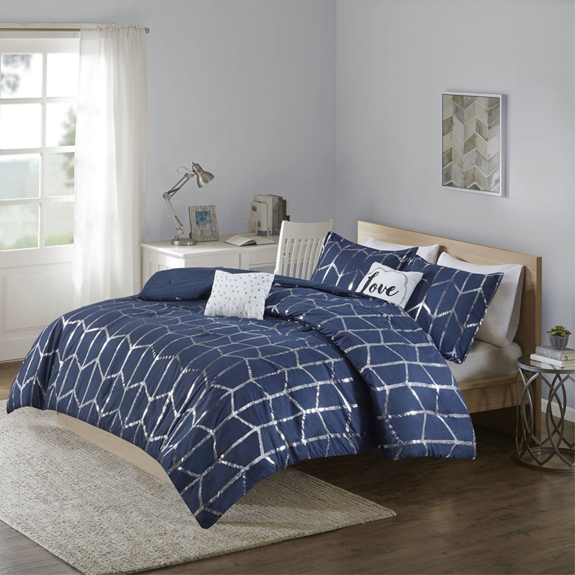 CasaFoyer CasaFoyer's Metallic Printed Comforter Set - Geometric Pattern in Metallic Silver on Deep Navy Background - Includes Shams and Decorative Pillows - Antimicrobial Treatment - Luxurious and Soft Microfiber - Wrinkle-Free Packaging
