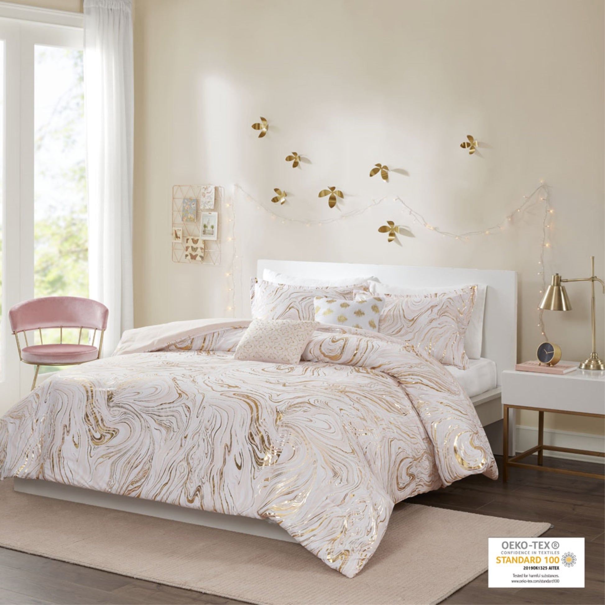 CasaFoyer Metallic Printed Comforter Set - Elegant Swirl Marble Design in Blush, White, and Gold - Includes Matching Shams and Decorative Pillows - OEKO-TEX Certified and Antimicrobial - Luxurious and Fresh.
