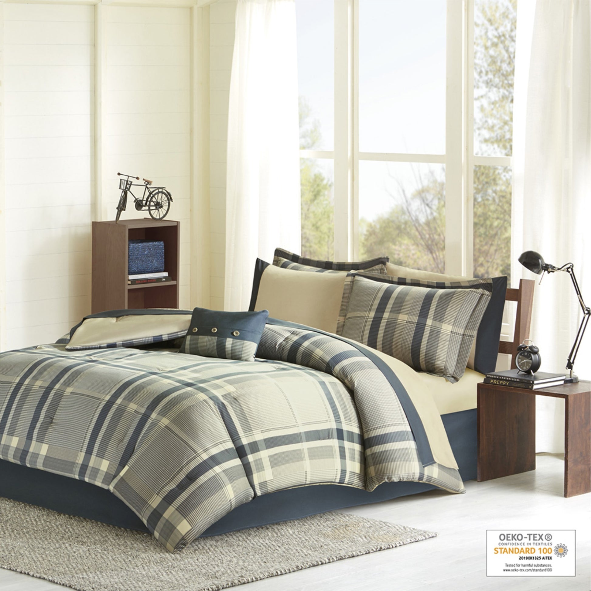 CasaFoyer Plaid Comforter Set with Bed Sheets - Stylish and Cozy Bedding Set with Modern Plaid Print in Navy and Taupe - Includes Comforter, Shams, Sheet Set, Decorative Pillow, and Bed Skirt - OEKO-TEX Certified for Comfort and Wellness