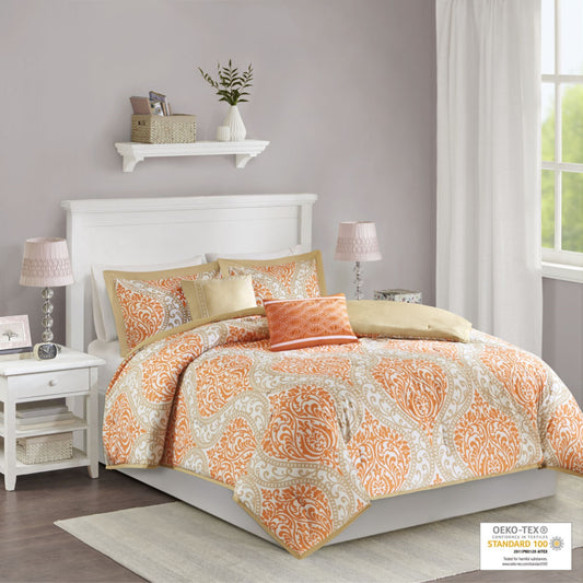 CasaFoyer Elegant Damask Print Comforter Set - Vibrant Orange and Taupe Color Scheme - Ultra-Soft Microfiber - Machine Washable - Includes Shams and Decorative Pillows - Antimicrobial Treatment for Freshness Protection