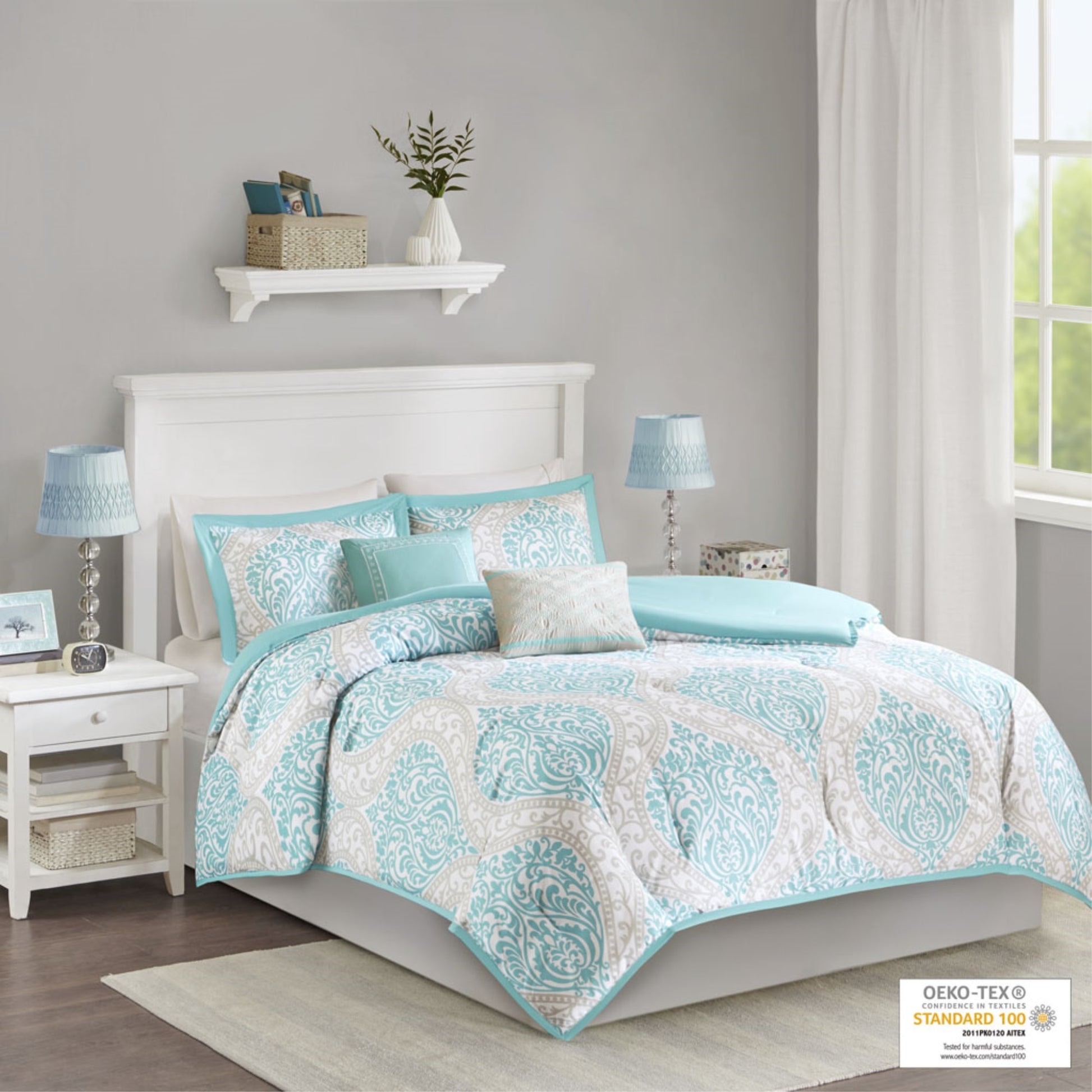 CasaFoyer Aqua and Grey Damask Comforter Set - Ultra-Soft Microfiber Bedding with Matching Shams and Decorative Pillows - Antimicrobial Treatment for Freshness - Machine Washable - Elegant and Practical Bedroom Decor