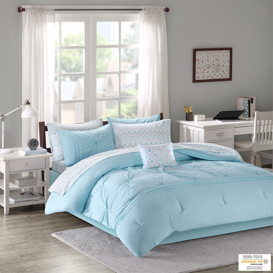 CasaFoyer Embroidered Comforter Set with Bed Sheets - Aqua, Pleated Design, Embroidered Detailing, Coordinated Look, Colorful Print Sheets, Decorative Pillow, Solid Bed Skirt, OEKO-TEX Certified