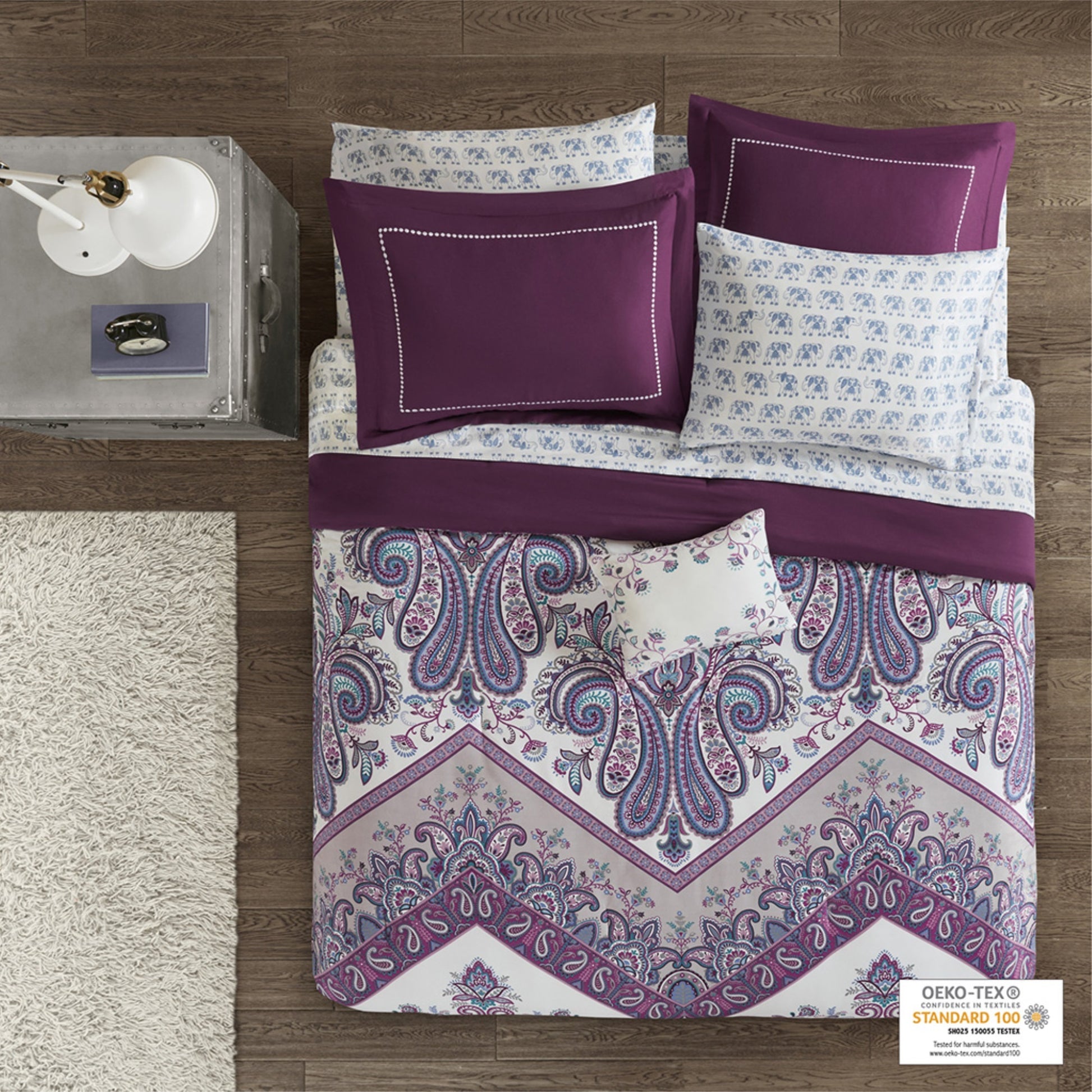 CasaFoyer Boho Comforter Set with Bed Sheets - Ultra-Soft Microfiber, Damask Design, Oversized Motif - Purple Reverse Side and Bed Skirt - Matching Shams and Decorative Pillow Included - OEKO-TEX Certified - Complete Sheet Set with Printed Elephants