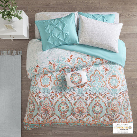 CasaFoyer Boho Comforter Set with Bed Sheets - Aqua/Orange Global Pattern, Pintucked Shams, Decorative Pillow - OEKO-TEX Certified, Antimicrobial Treatment - Stylish, Comfortable, and Safe