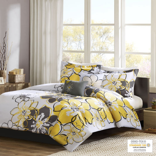 CasaFoyer Comforter Set - Vibrant Yellow and Grey Floral Design - Soft and Durable Polyester Microfiber - Machine Washable - Antimicrobial Protection - Includes Matching Decorative Pillow - Elevate Your Bedroom Decor