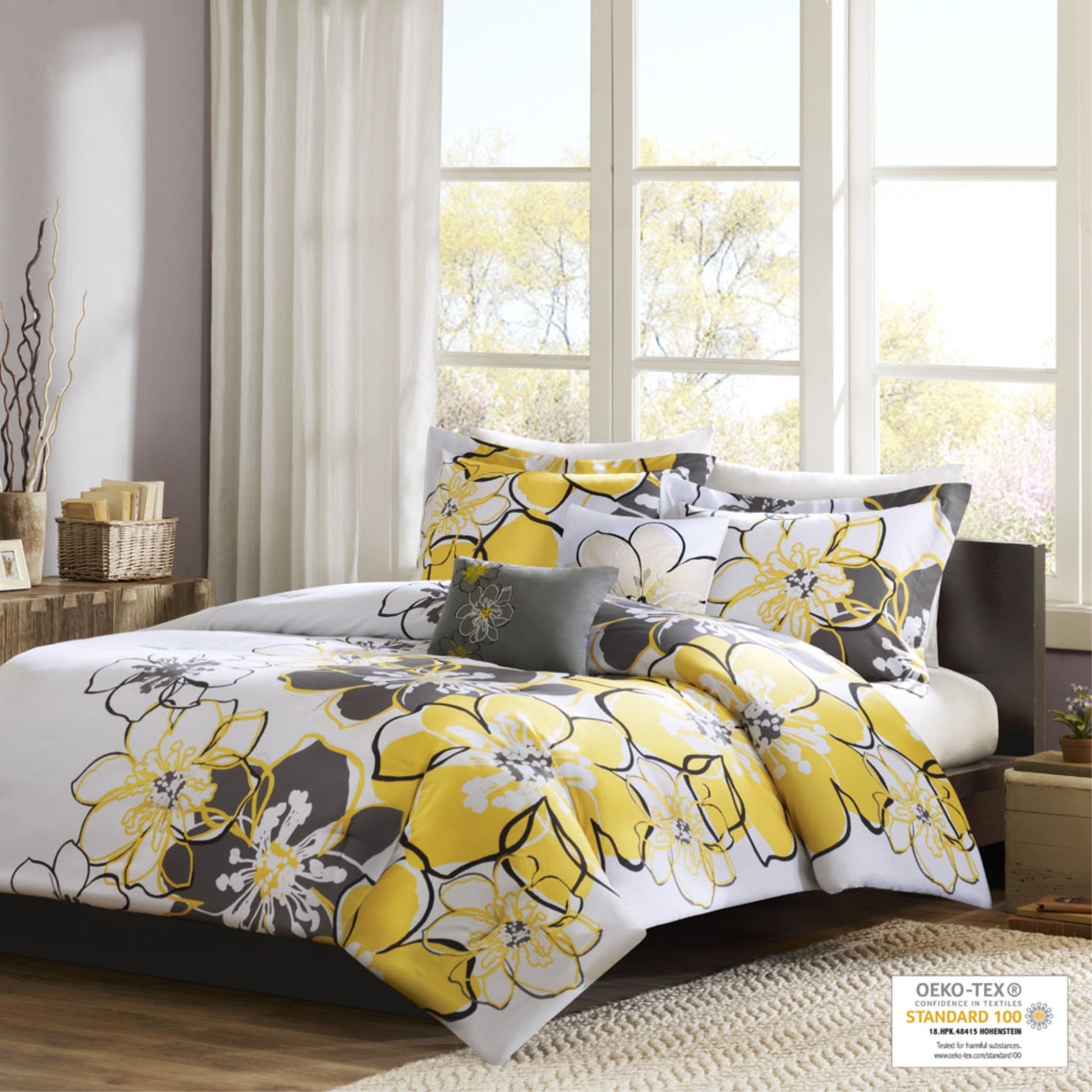 CasaFoyer Comforter Set - Vibrant Yellow and Grey Floral Design - Reversible with Solid Grey - Soft and Durable Polyester Microfiber - Machine Washable - Antimicrobial Protection - Stylish and Fresh Look
