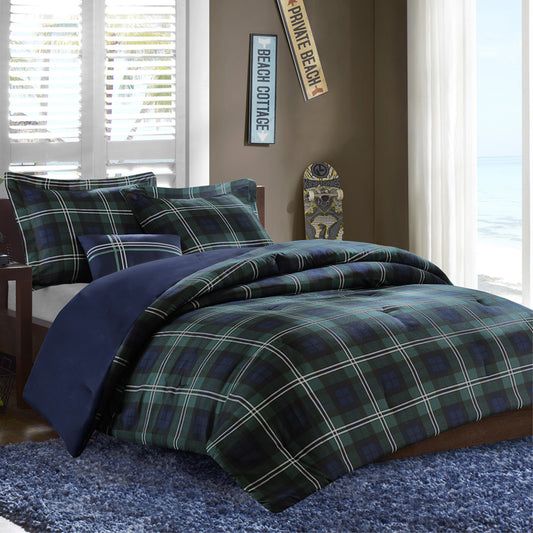 CasaFoyer Comforter Set - Elegant Blue and Green Plaid Pattern - Includes Comforter, Shams, and Decorative Pillow - Machine Washable - Antimicrobial Treatment for Freshness - Transform Your Bedroom into a Cozy Haven