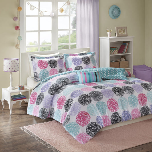 CasaFoyer Reversible Comforter Set - Vibrant Circular Doodle Pattern, Teal Polka-Dot Reverse, 2 Shams, Striped Ribbon Pillow - Ultra-Soft Microfiber, Antimicrobial Treatment - Joyful and Cozy Bedroom Decor