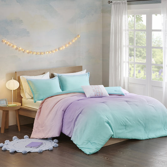 CasaFoyer Metallic Glitter Ombre Reversible Comforter Set - Aqua, Blush, Pastel Purple - Ultra-Soft, Vibrant Design - Includes Shams & Pillow - Machine Washable - Antimicrobial Treatment - Wrinkle-Free Packaging