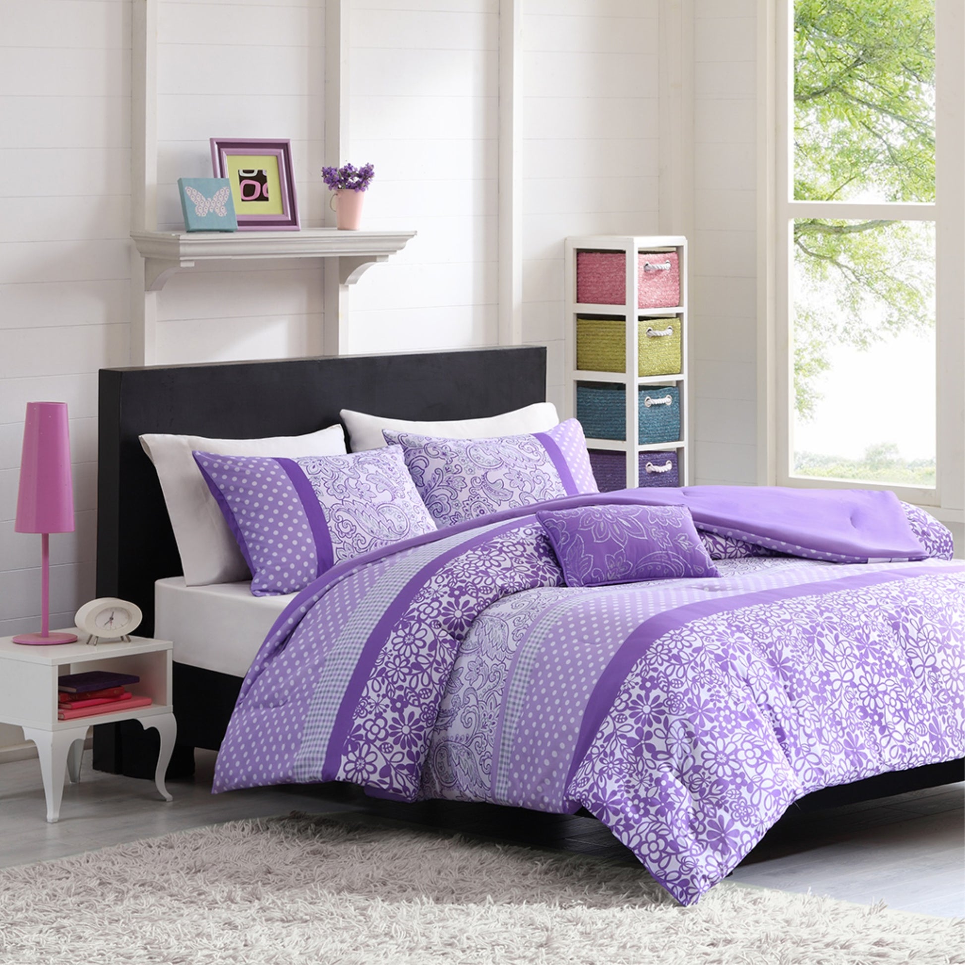 CasaFoyer Comforter Set - Vibrant Stripe Pattern with Polka Dot, Paisley, and Floral Prints - Purple, Grey, and White - Includes 2 Shams and Embroidered Decorative Pillow - Antimicrobial Treatment - Wrinkle-Free Packaging - Stylish and Comfortable
